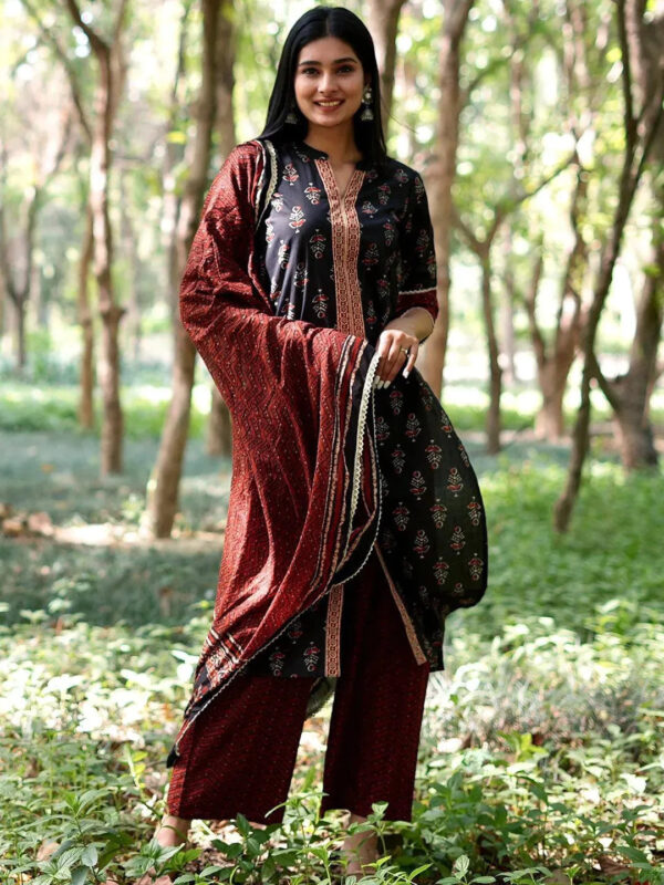 Black Printed Cotton Straight Kurta With Palazzos & Dupatta - Image 3
