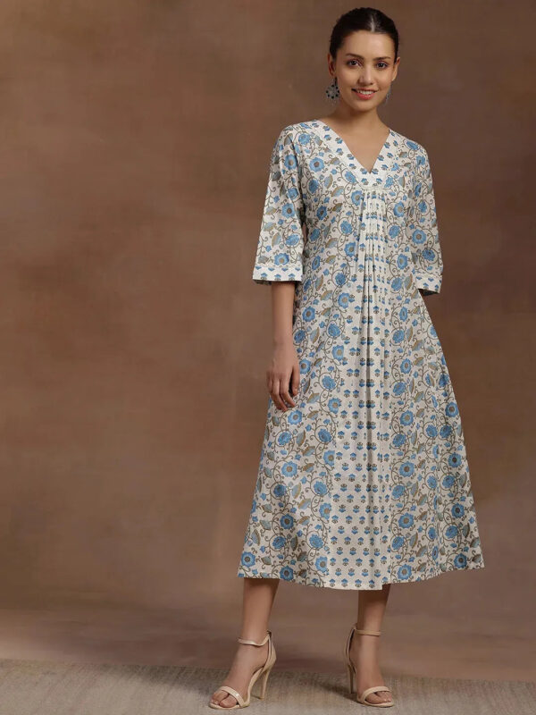 Blue Printed Cotton A-Line Dress - Image 2