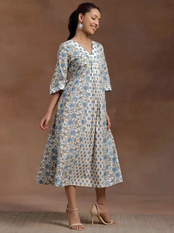 Blue Printed Cotton A-Line Dress - Image 3
