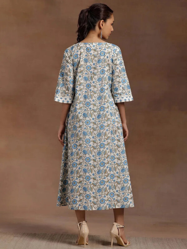 Blue Printed Cotton A-Line Dress - Image 4