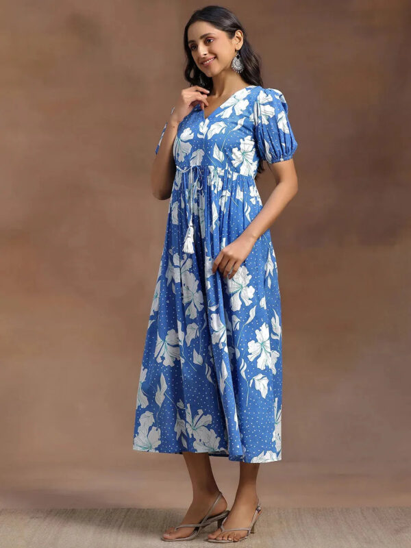 Blue Printed Cotton A-Line Dress