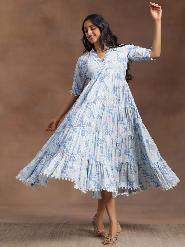 Blue Printed Cotton A-Line Dress - Image 6