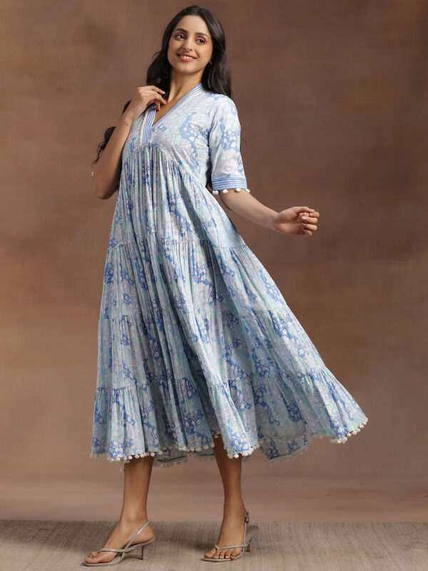 Blue Printed Cotton A-Line Dress - Image 4