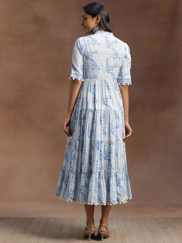 Blue Printed Cotton A-Line Dress - Image 3