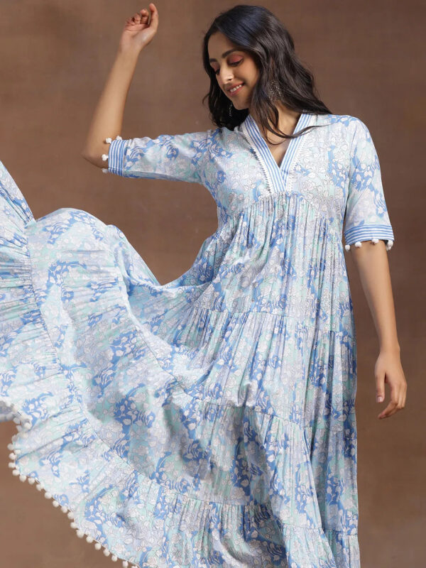 Blue Printed Cotton A-Line Dress - Image 2