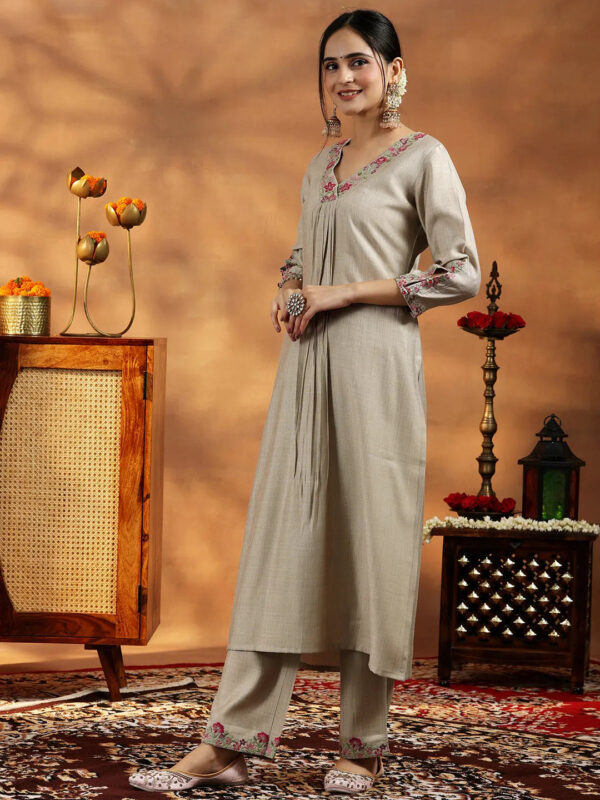 Beige Yoke Design Silk Blend Straight Suit With Dupatta - Image 5