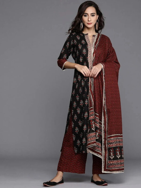 Black Printed Cotton Straight Kurta With Palazzos & Dupatta - Image 2