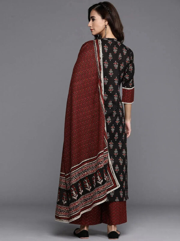 Black Printed Cotton Straight Kurta With Palazzos & Dupatta - Image 5