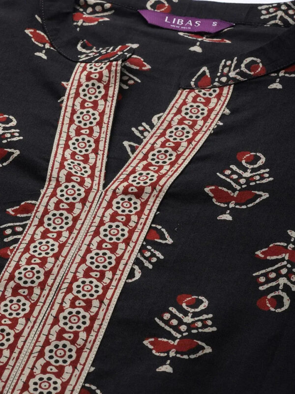 Black Printed Cotton Straight Kurta With Palazzos & Dupatta - Image 4