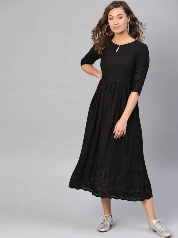Black Schiffli Rayon Dress - Image 3
