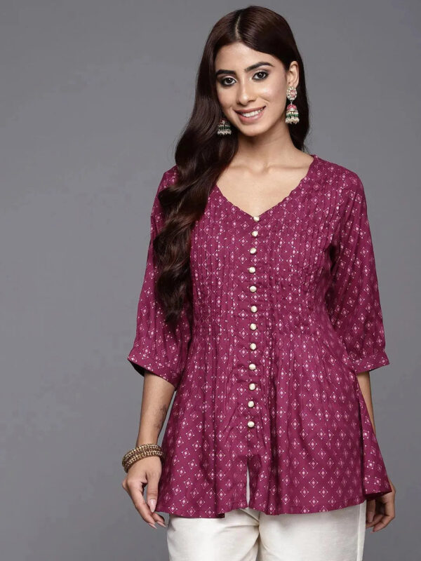 Purple Printed Rayon A-Line Kurti - Image 3