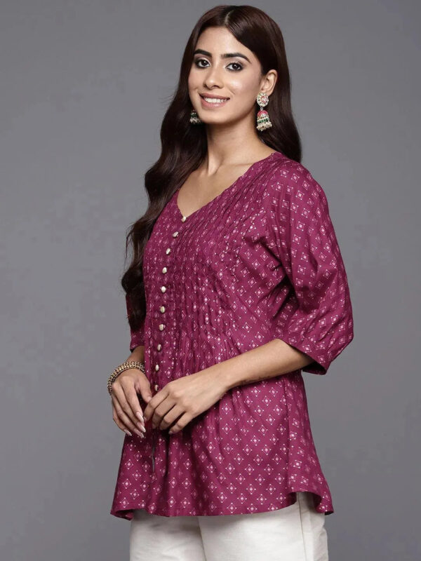 Purple Printed Rayon A-Line Kurti - Image 2