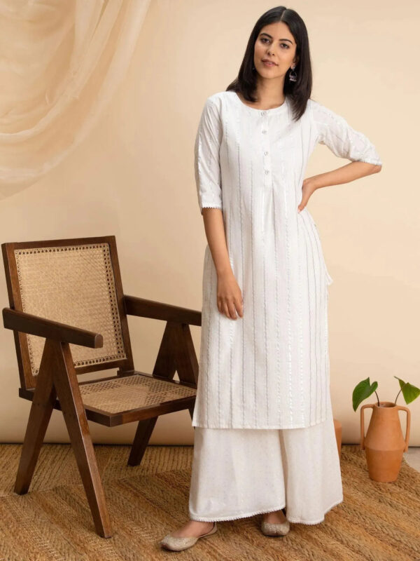 White Woven Design Cotton Kurta - Image 2