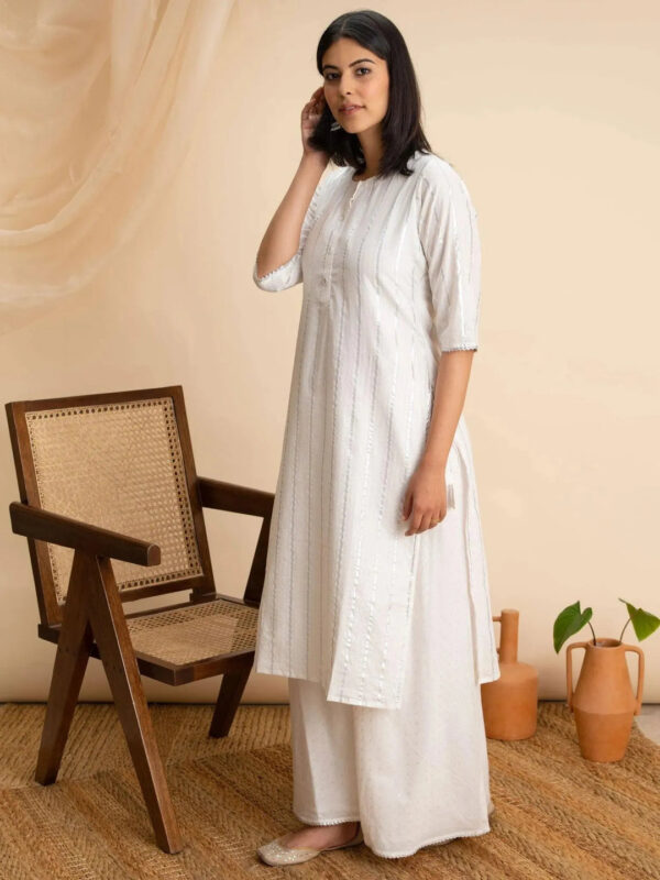 White Woven Design Cotton Kurta - Image 3