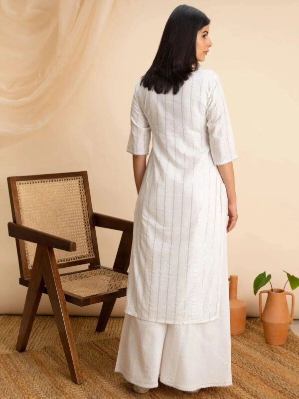 White Woven Design Cotton Kurta - Image 4